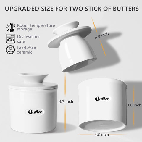 Rucoreon butter crock blue ceramic on counter with spreadable butter.