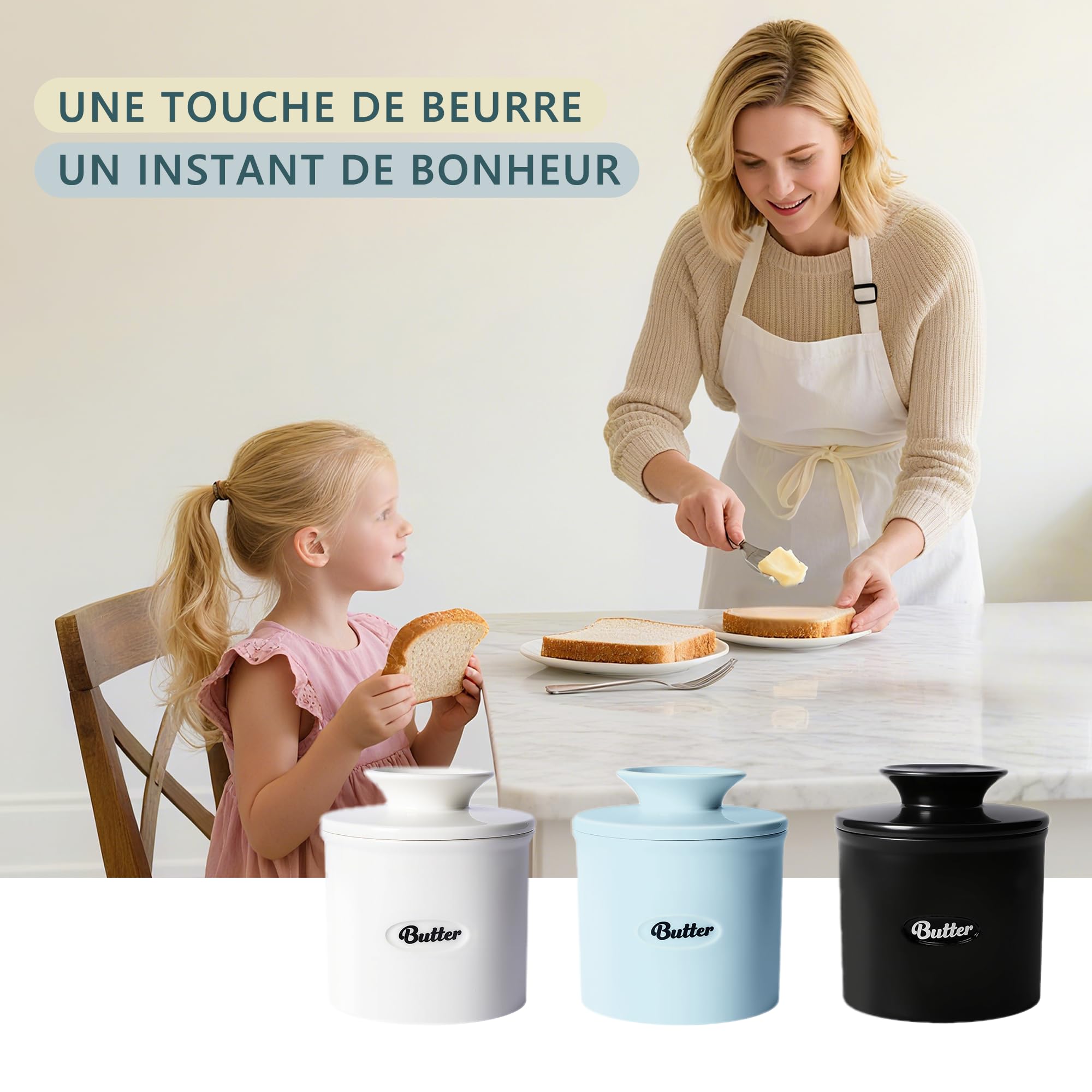 Rucoreon butter crock in white, blue, black fits modern kitchens.