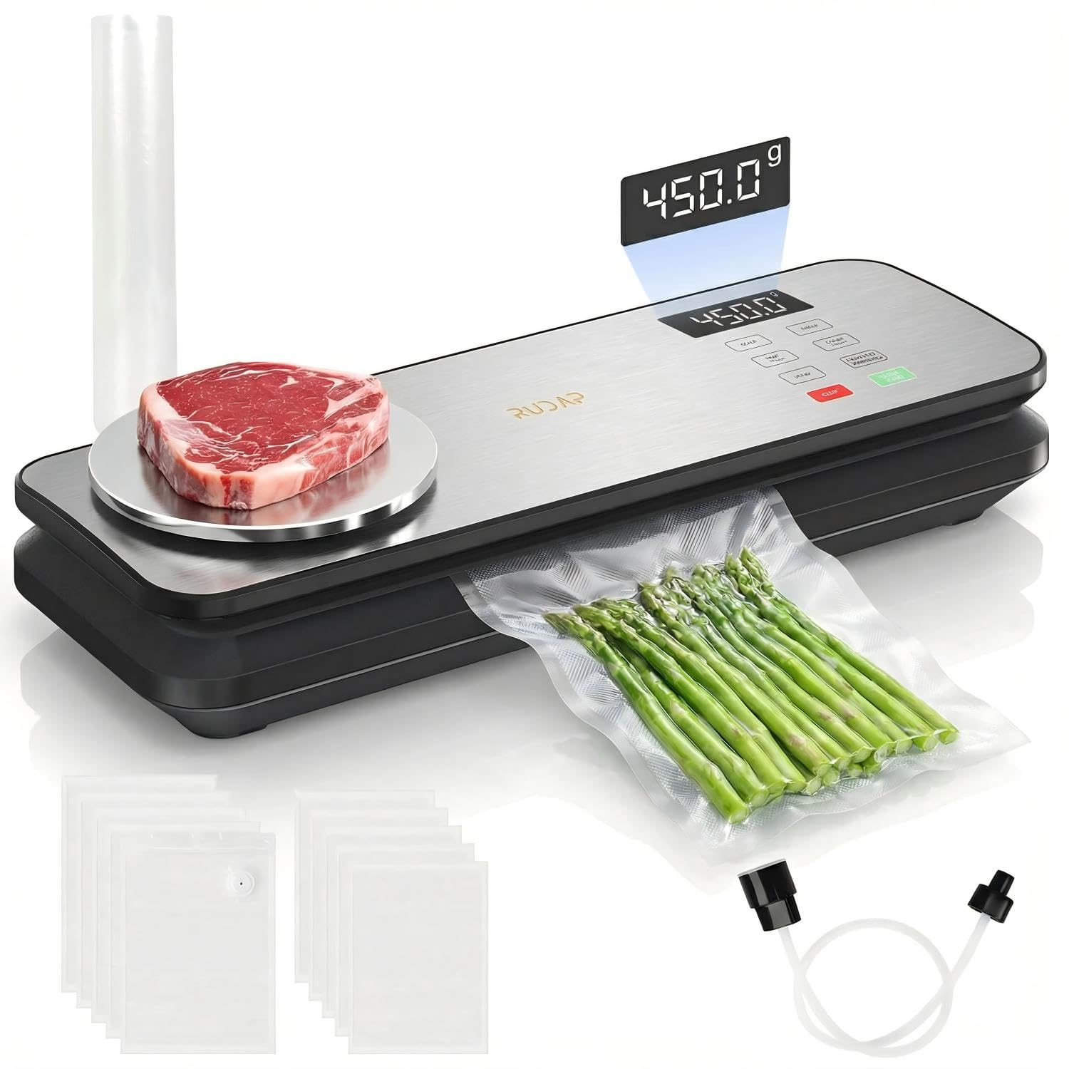 RUDAP vacuum sealer showing 90kPa suction for airtight food preservation