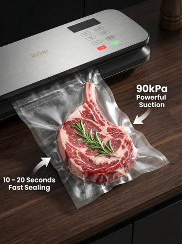 Sealing modes for dry and moist foods illustrated on the control panel