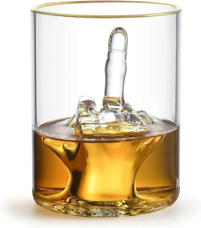 RUGLUSH middle finger whiskey glass with gold rim for bold presentation