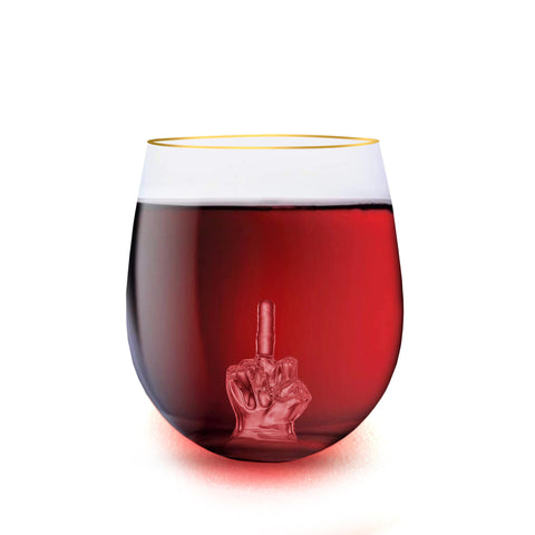 RUGLUSH Middle Finger Wine Glass 16oz front view showing bold stemless design for casual sipping.
