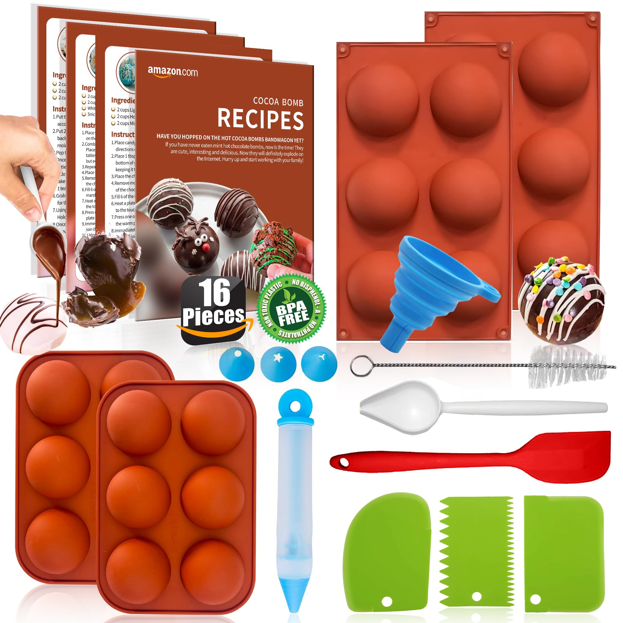 RUGVOMWM cocoa bomb molds kit featuring round molds and tools for DIY desserts.