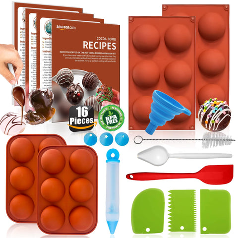 RUGVOMWM cocoa bomb molds kit featuring round molds and tools for DIY desserts.