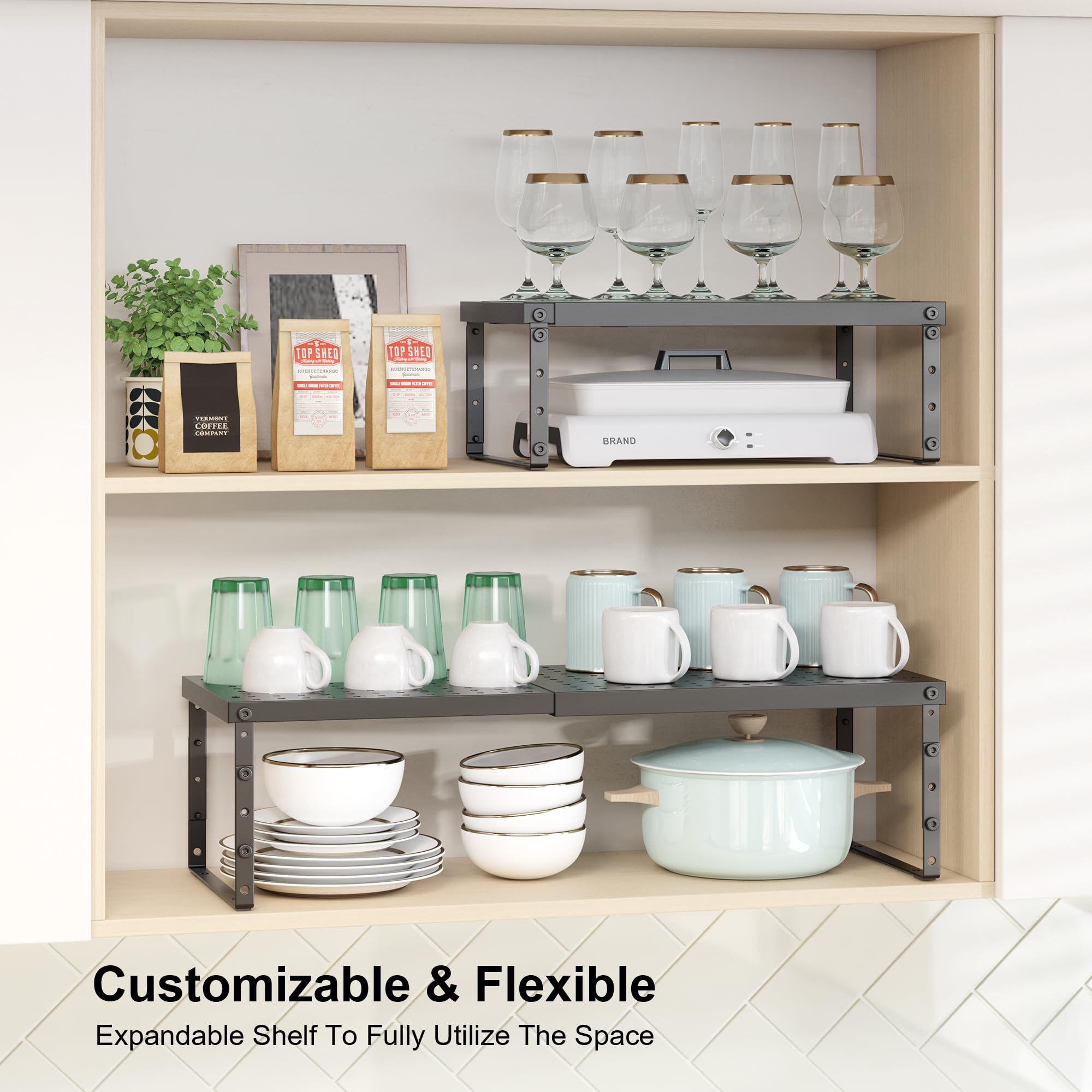 RUILALIFE adjustable-height rack offers three levels to fit bottles, jars, and plates.