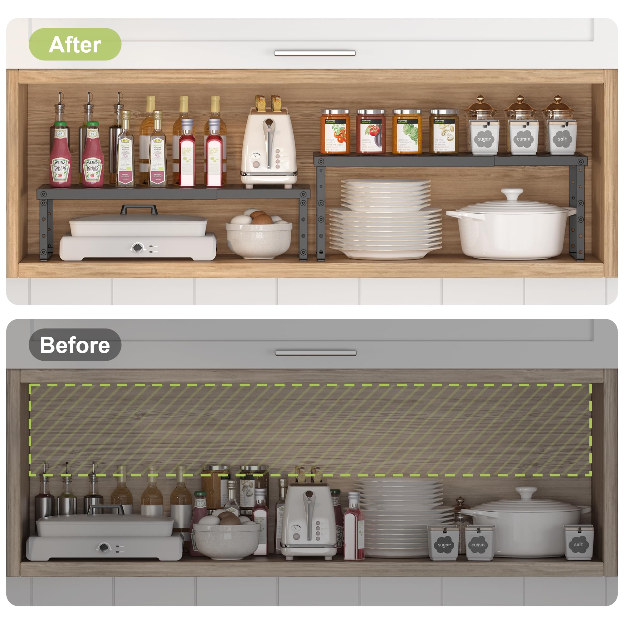 RUILALIFE pantry shelf organizers suit cupboards and desks for versatile storage.