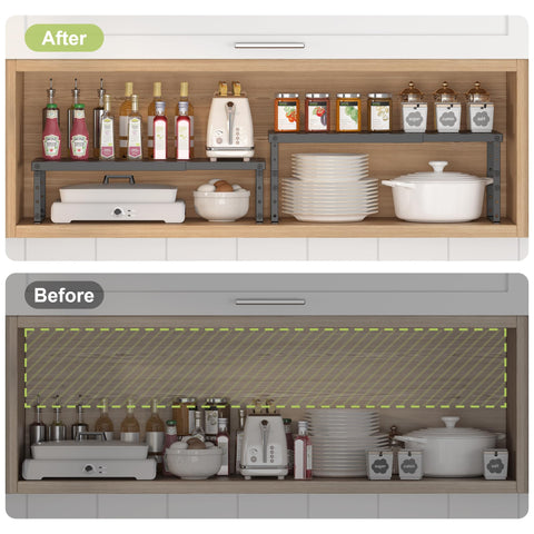 RUILALIFE pantry shelf organizers suit cupboards and desks for versatile storage.