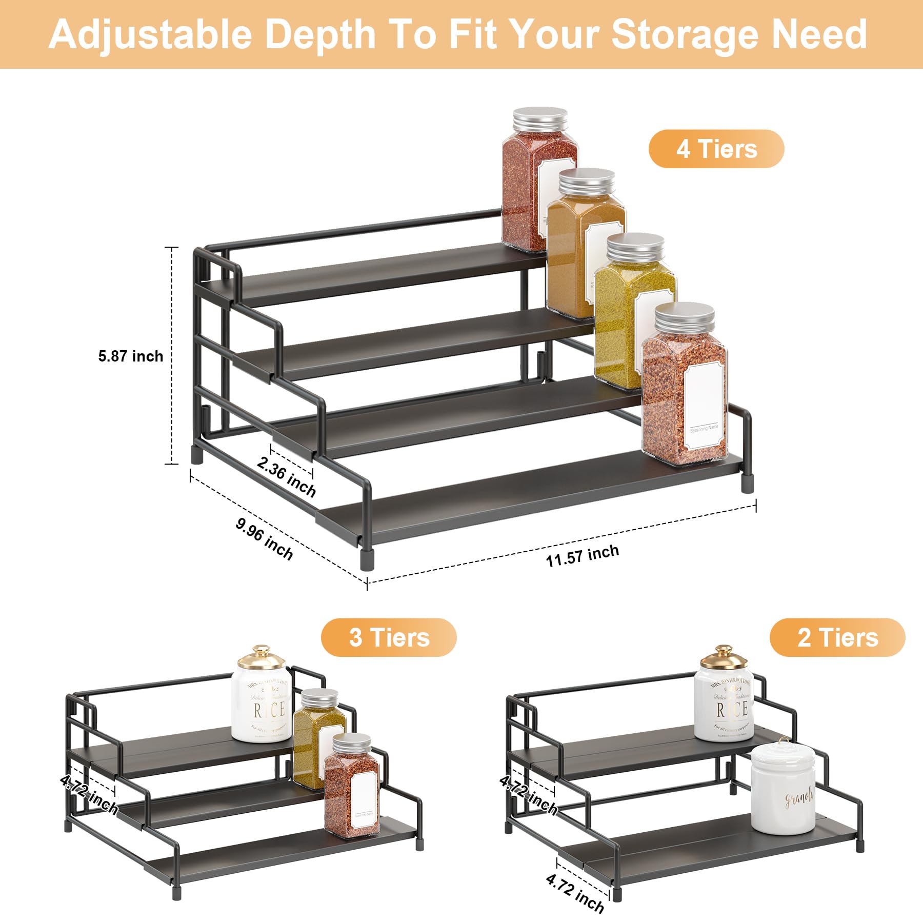 RUILALIFE adjustable-depth spice rack shows configurable shelf spacing.
