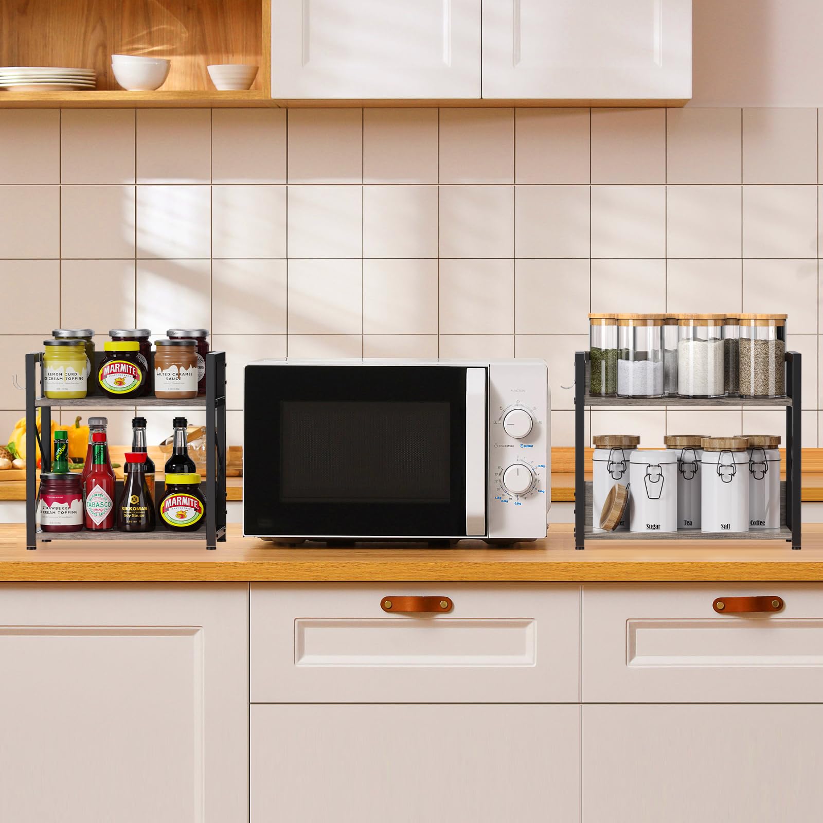 RUILALIFE Spice Rack Organizer Shelf two-tier layout maximizes storage space on kitchen counter