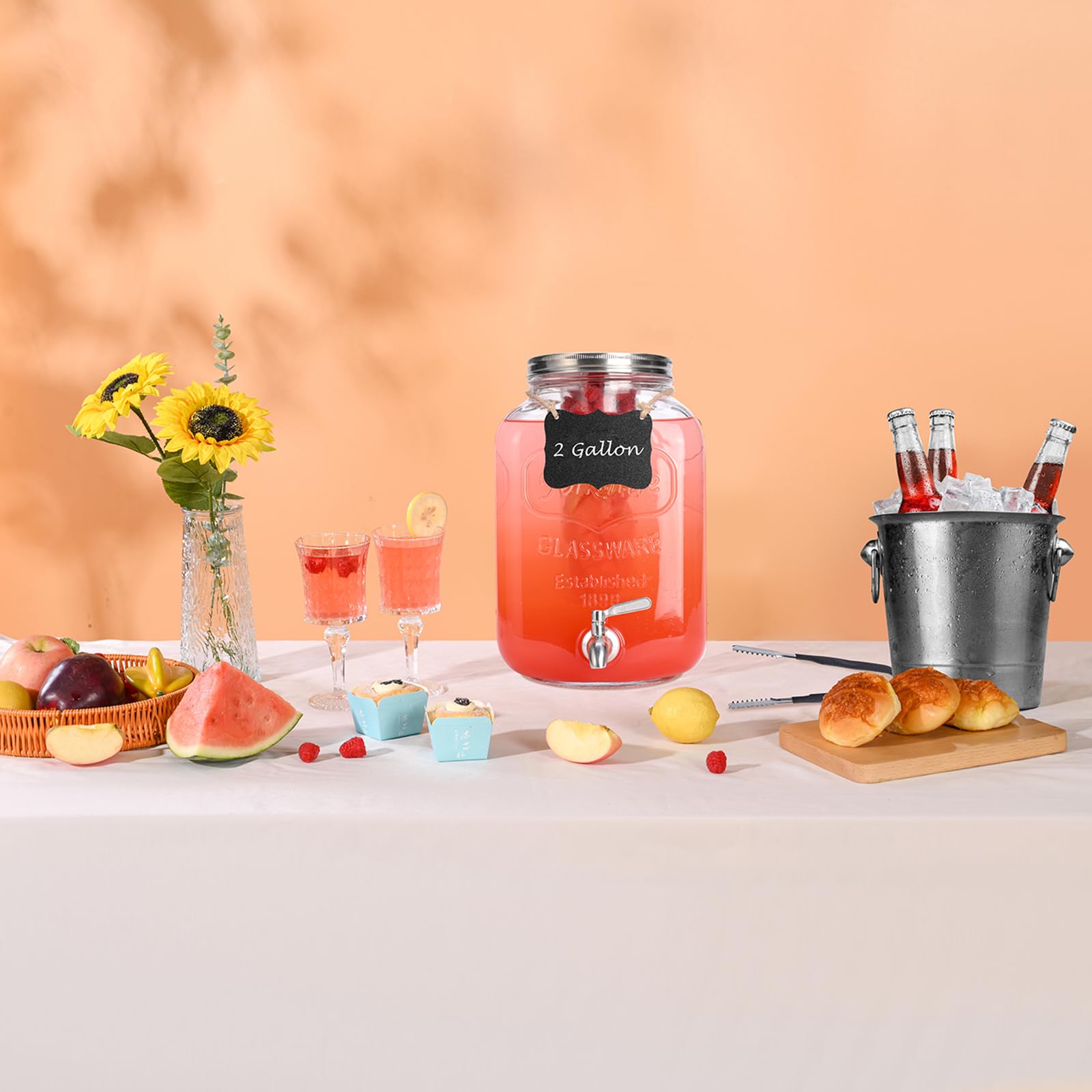RuileMei 2-gallon package includes spigot, chalkboard label, fruit infuser, bracket, and pen.