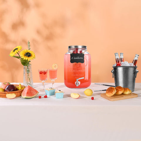 RuileMei 2-gallon package includes spigot, chalkboard label, fruit infuser, bracket, and pen.