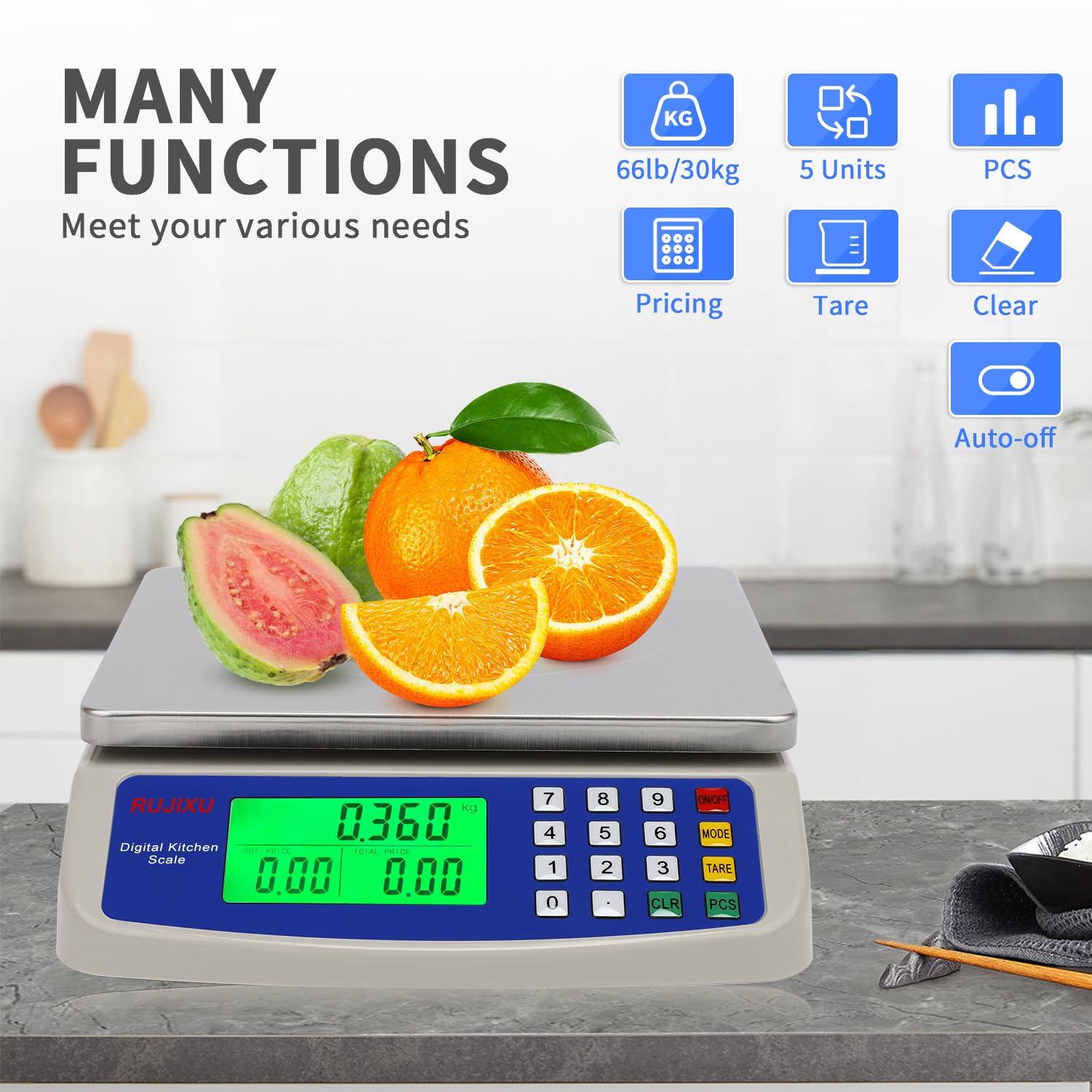 RUJIXU price and tare features simplify quick cost calculations.