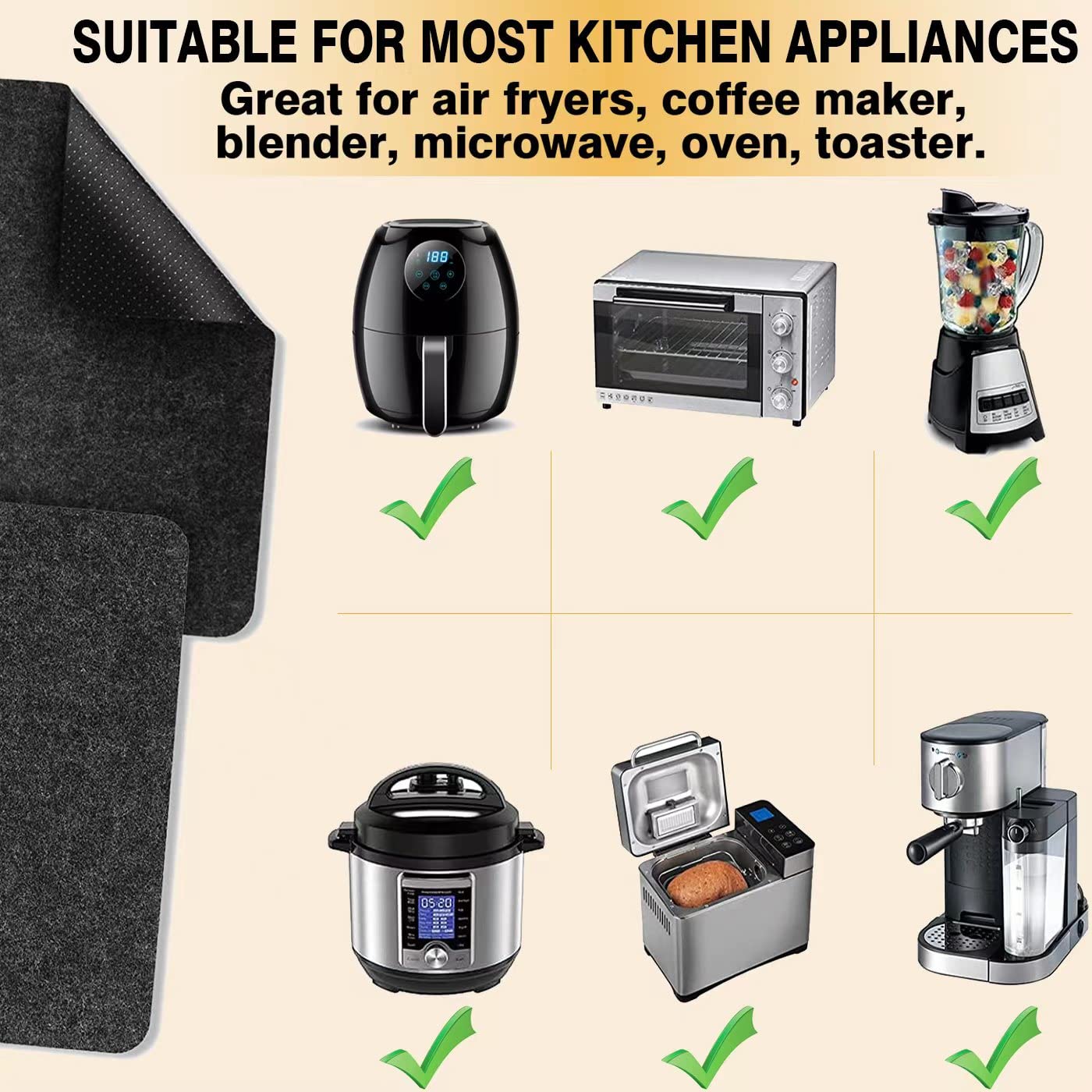 Runeaoys four-piece black mats pack covers multiple appliances for organized spaces.