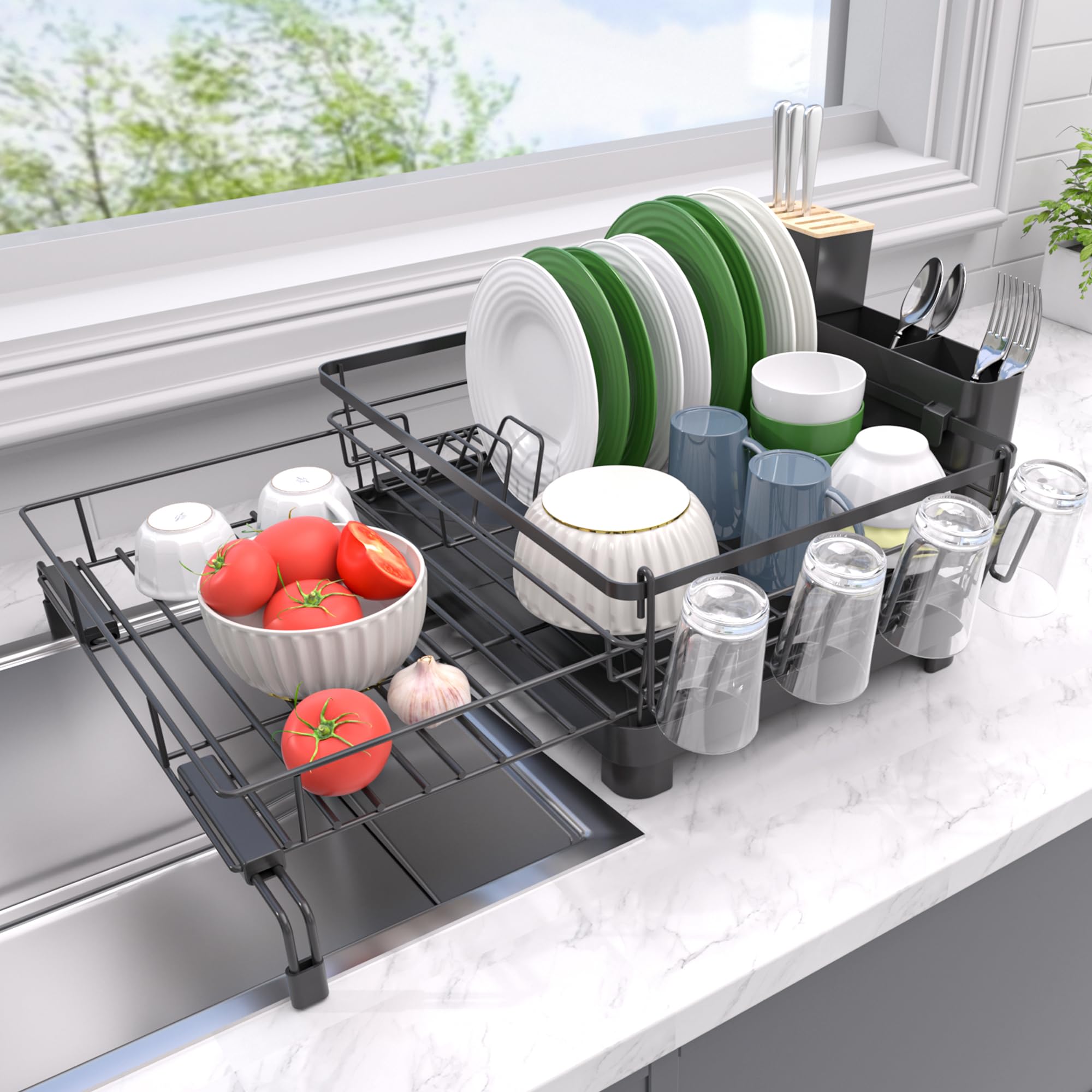 Runnatal dish drying rack over-sink with drainboard for tidy countertops