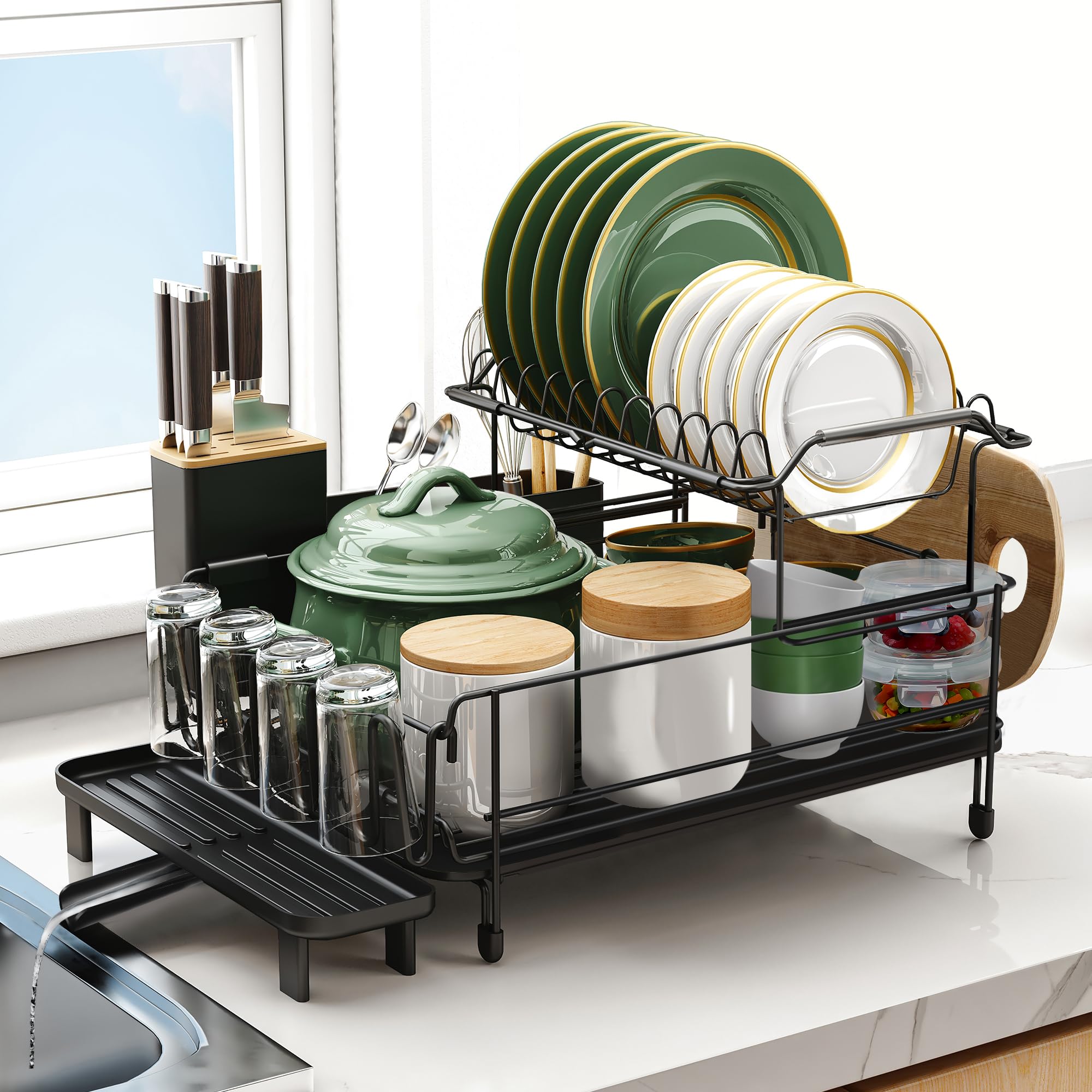 Runnatal large dish drying rack with drainboard shown over sink for efficient draining