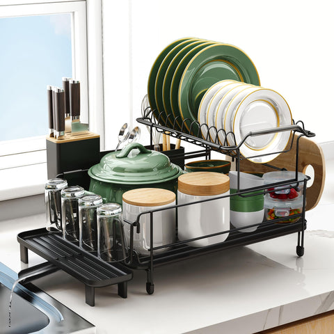 Runnatal large dish drying rack with drainboard shown over sink for efficient draining