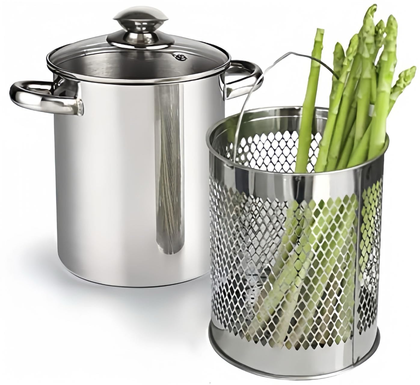 RUNZI asparagus pot with stainless-steel steamer basket for even steaming and vibrant vegetables.