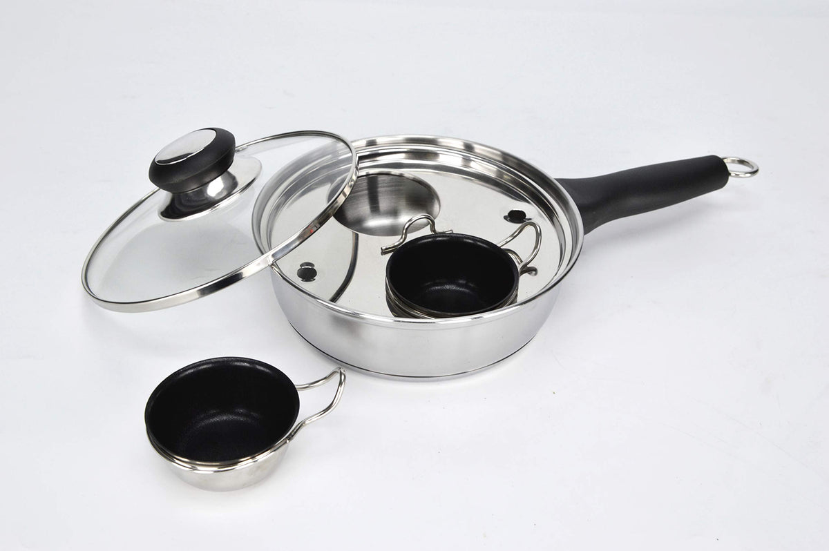 RUNZI egg poacher pan with two cups for quick, perfectly poached eggs.