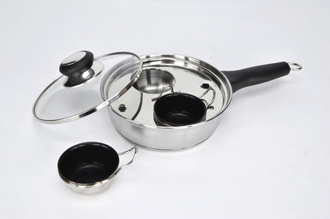 RUNZI egg poacher pan with two cups for quick, perfectly poached eggs.