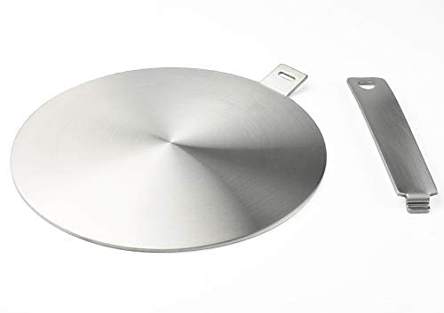 RUNZI induction adapter assembled on stove showing compatibility with cookware