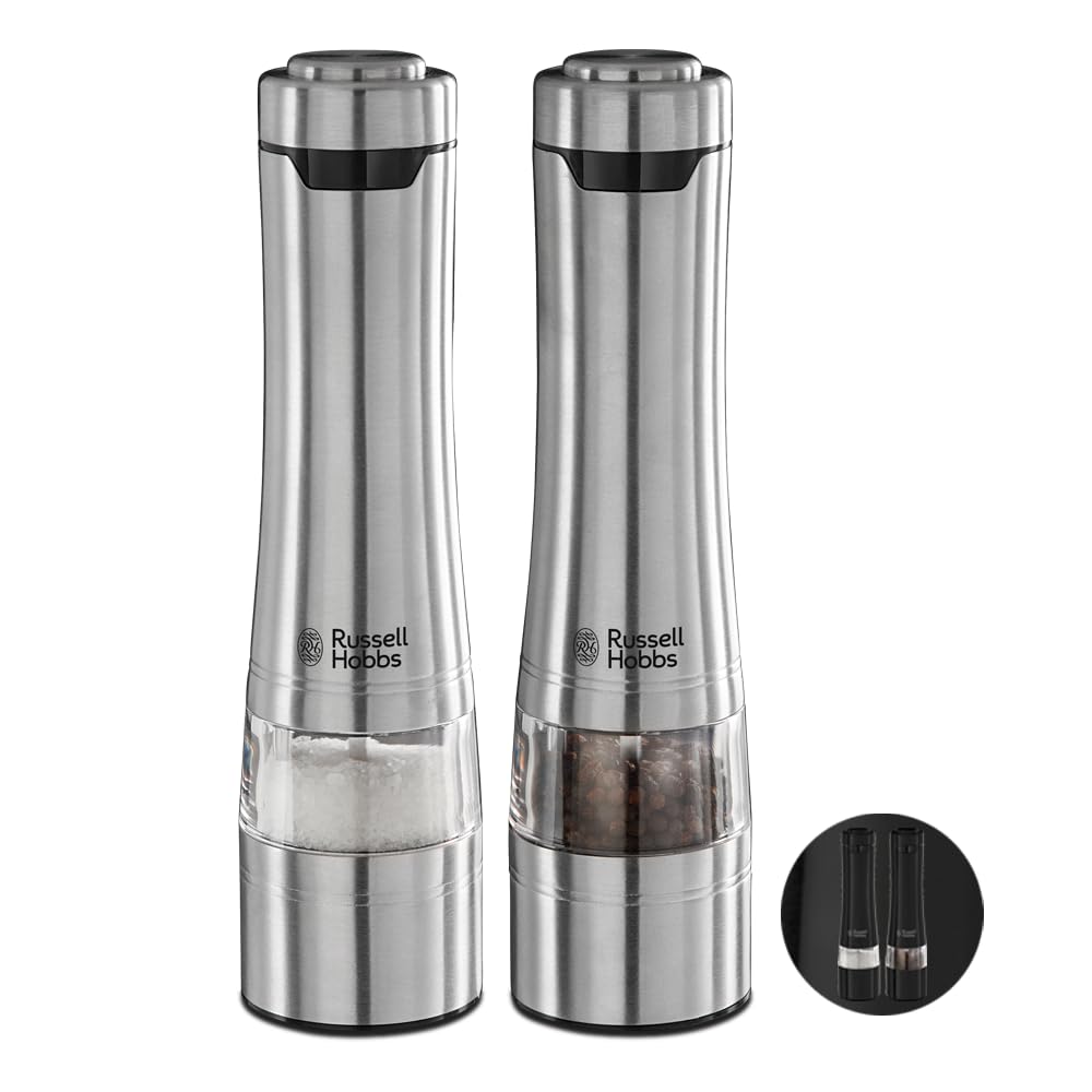 Russell Hobbs salt and pepper grinders with base light for precise seasoning.