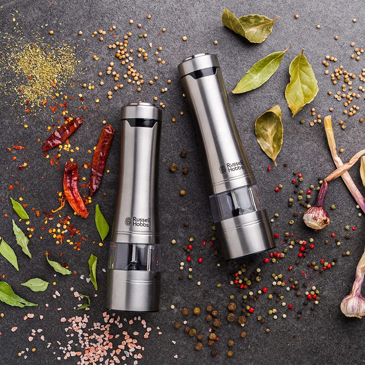 Russell Hobbs grinders with brushed stainless steel body for a durable, sleek kitchen accessory.