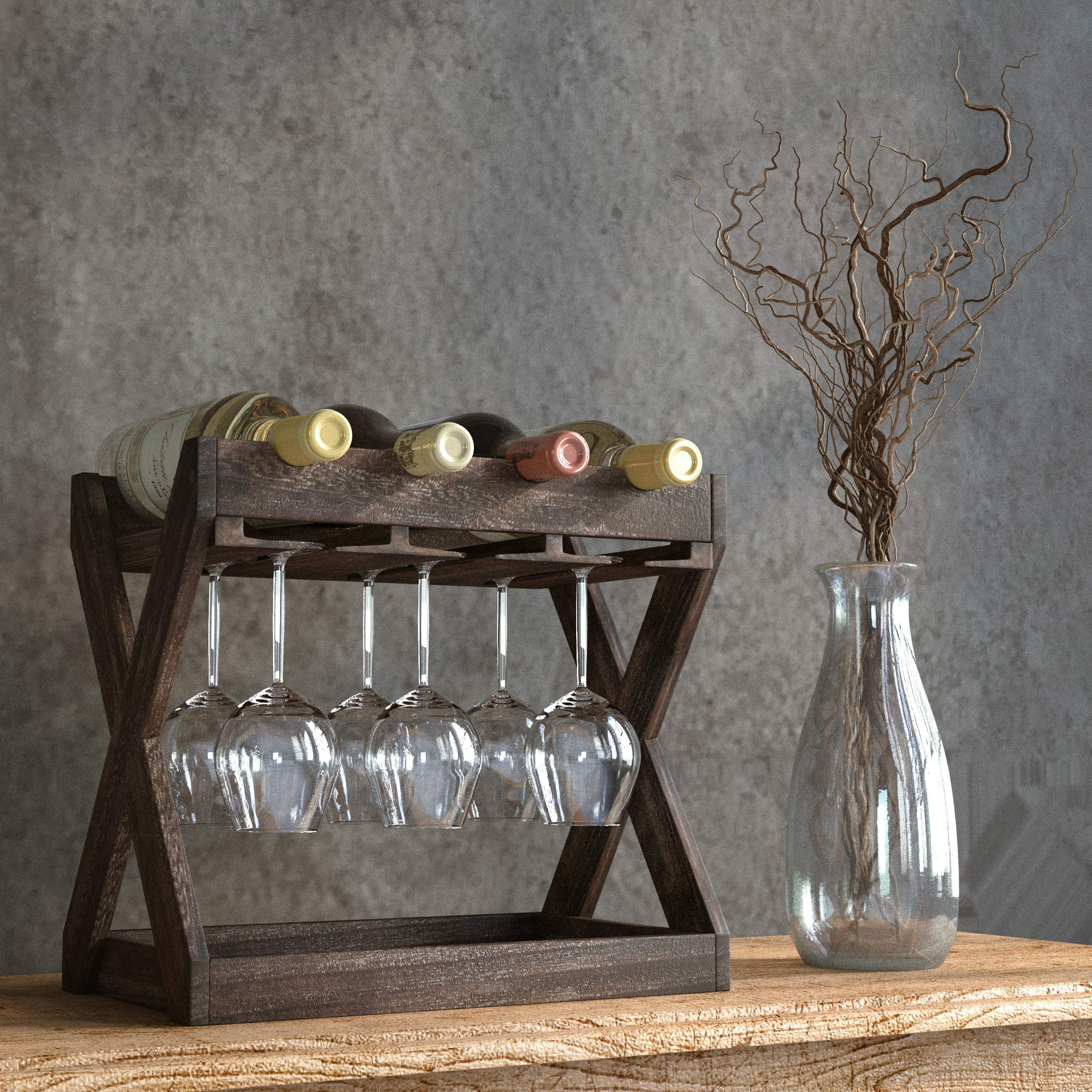 Rustic State Cava stores 6 stemware glasses on a compact counter