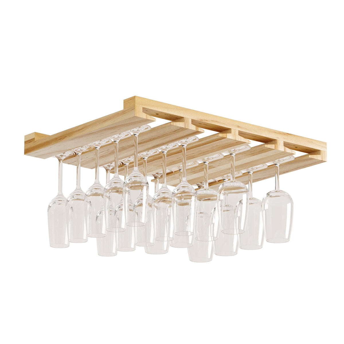 Rustic State Eze stemware rack mounted under cabinet stores glasses neatly.
