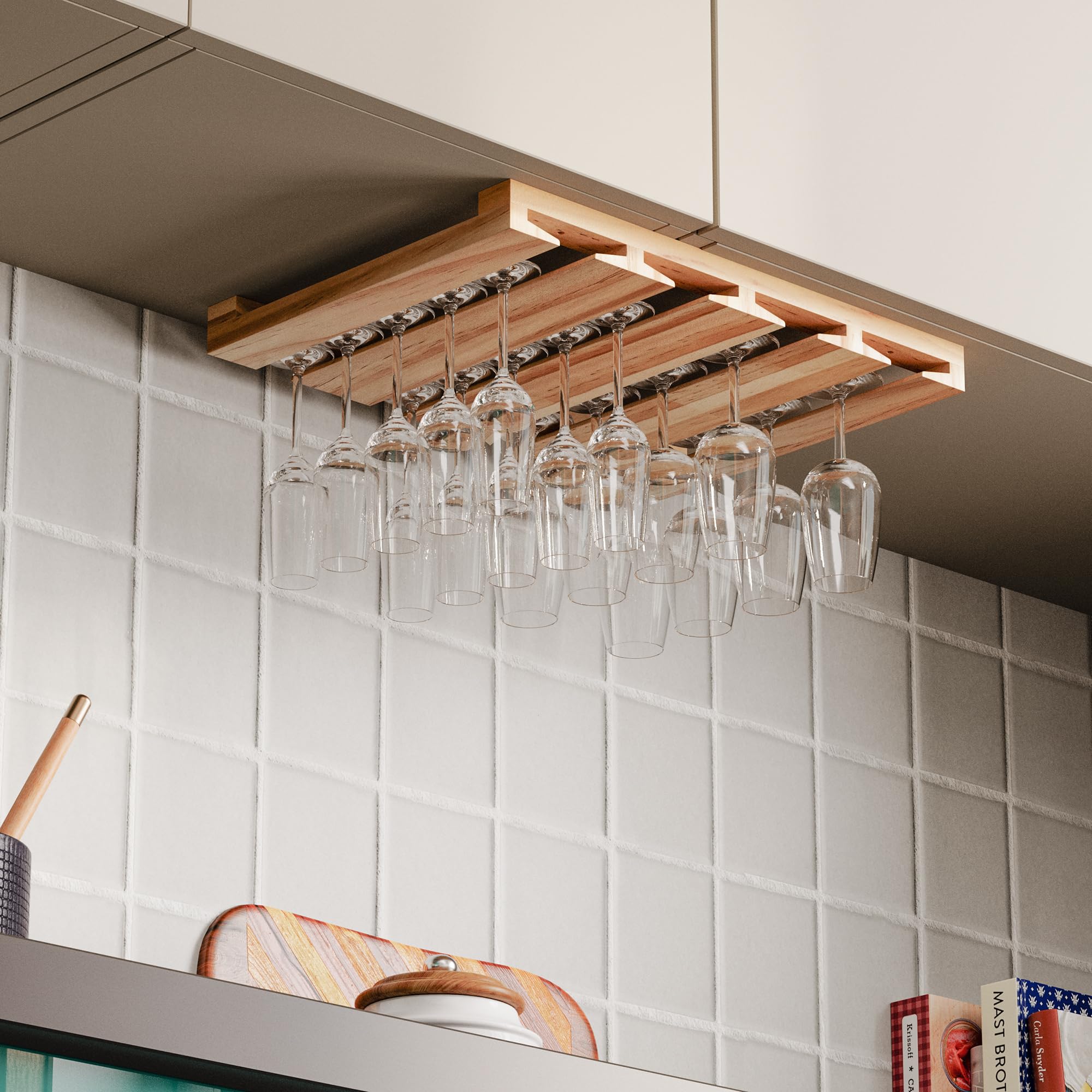 Rustic State Eze wooden rack in natural finish complements kitchen decor.