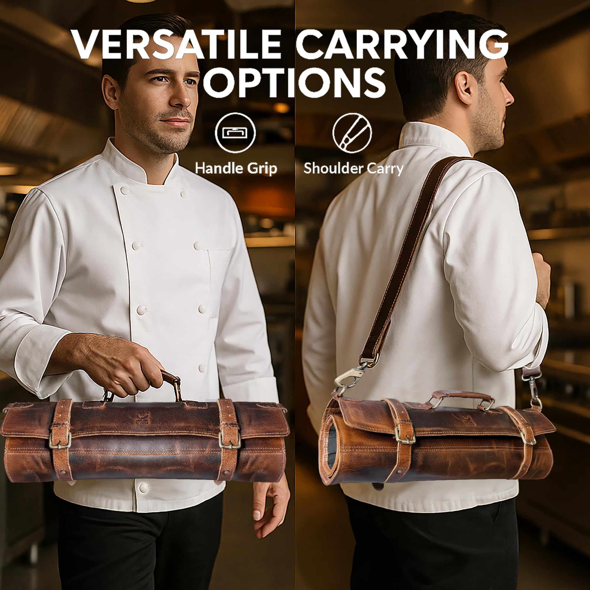 RUSTIC TOWN compact knife roll with zippered pouch for accessories.