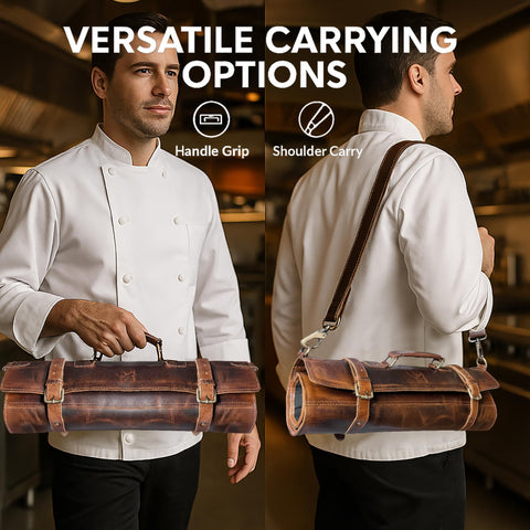RUSTIC TOWN compact knife roll with zippered pouch for accessories.