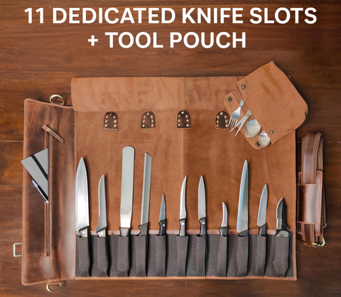 RUSTIC TOWN open-layout knife roll displaying 11 pockets and tool pouch.