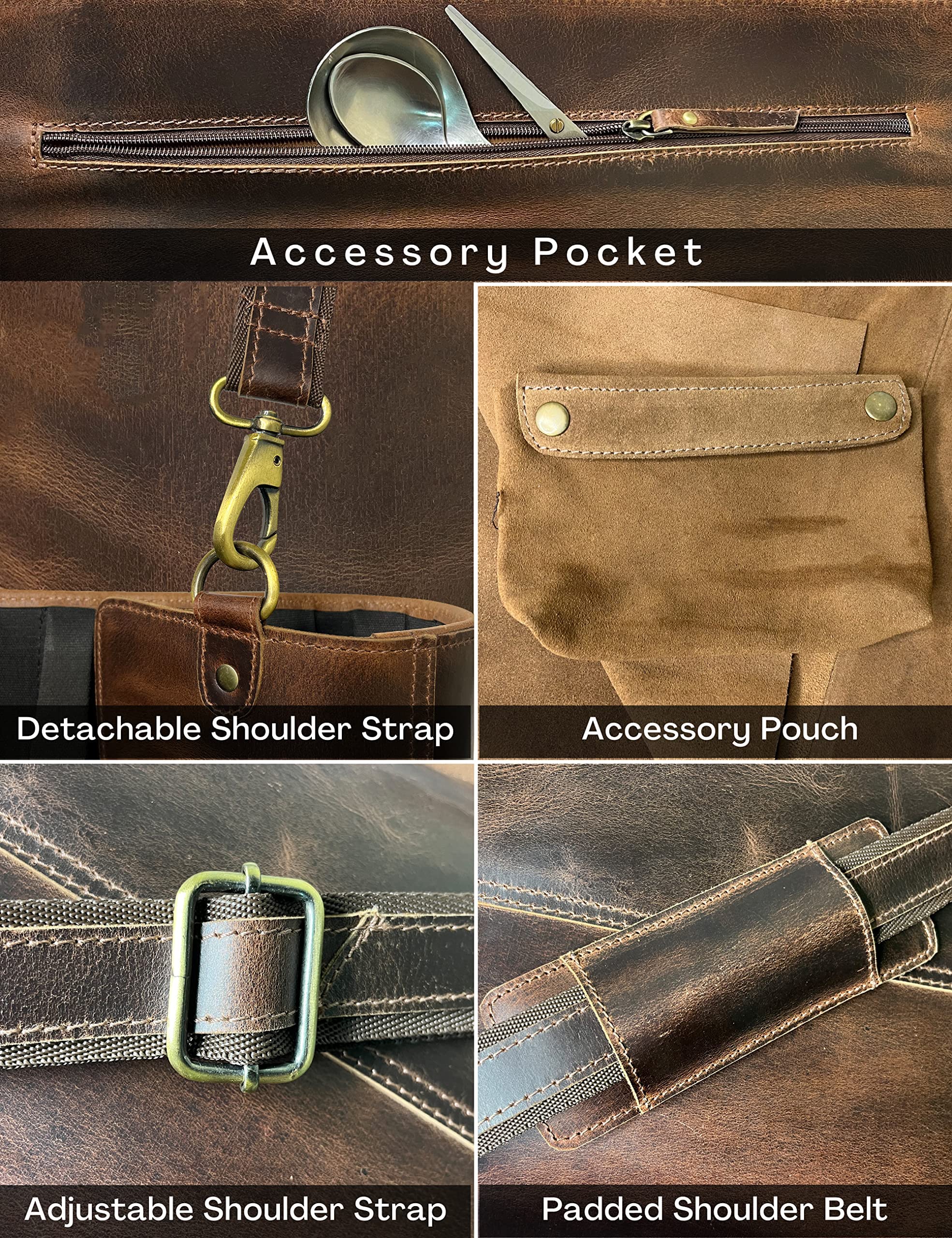 RUSTIC TOWN knife roll featuring travel handle and brass buckles for secure transport.
