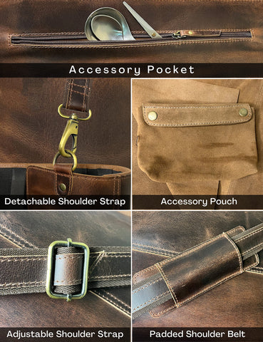 RUSTIC TOWN knife roll featuring travel handle and brass buckles for secure transport.