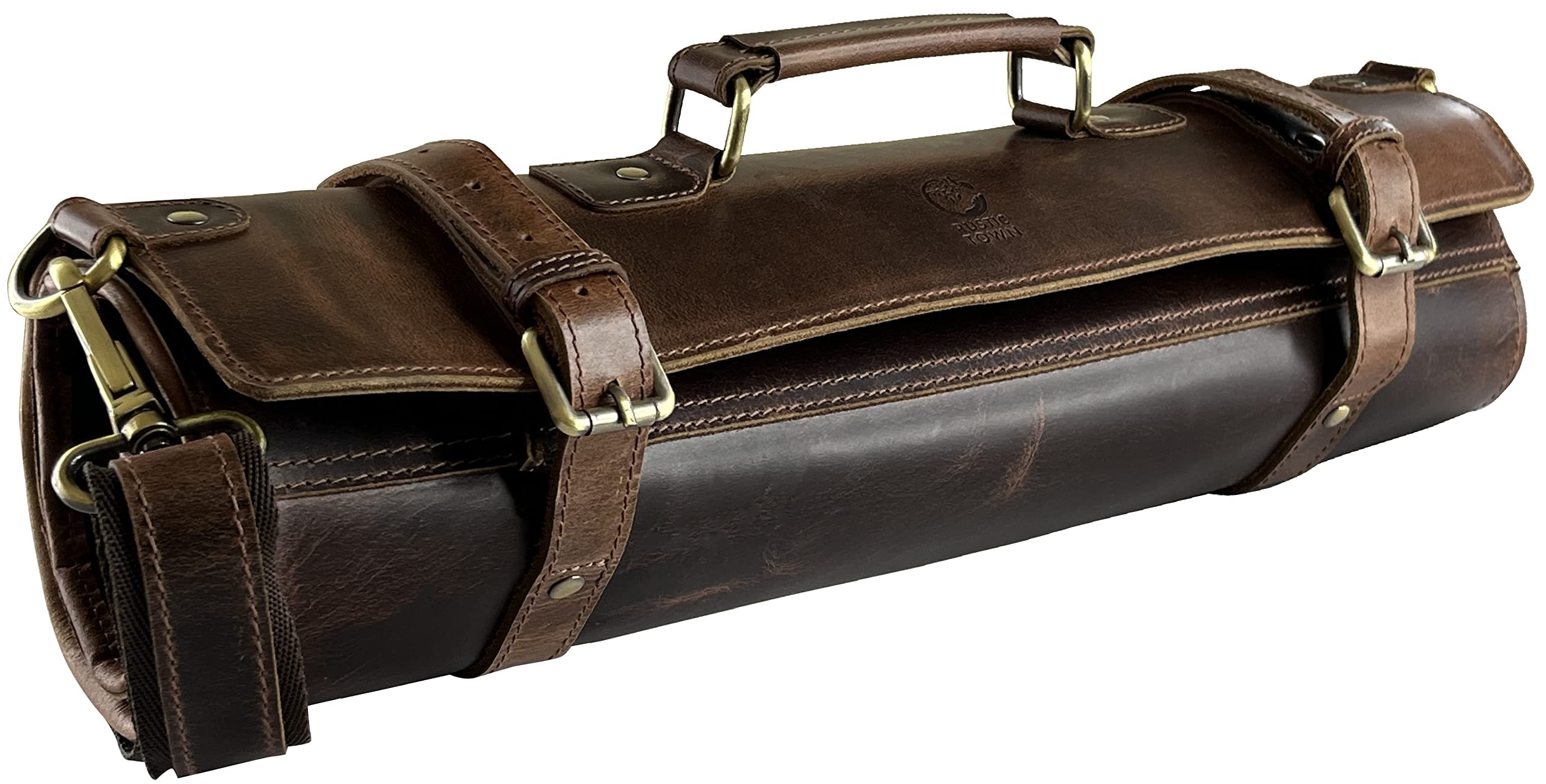 RUSTIC TOWN leather knife roll with 11 slots for organized blades on the go.