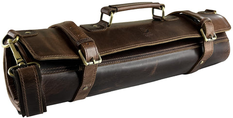 RUSTIC TOWN leather knife roll with 11 slots for organized blades on the go.