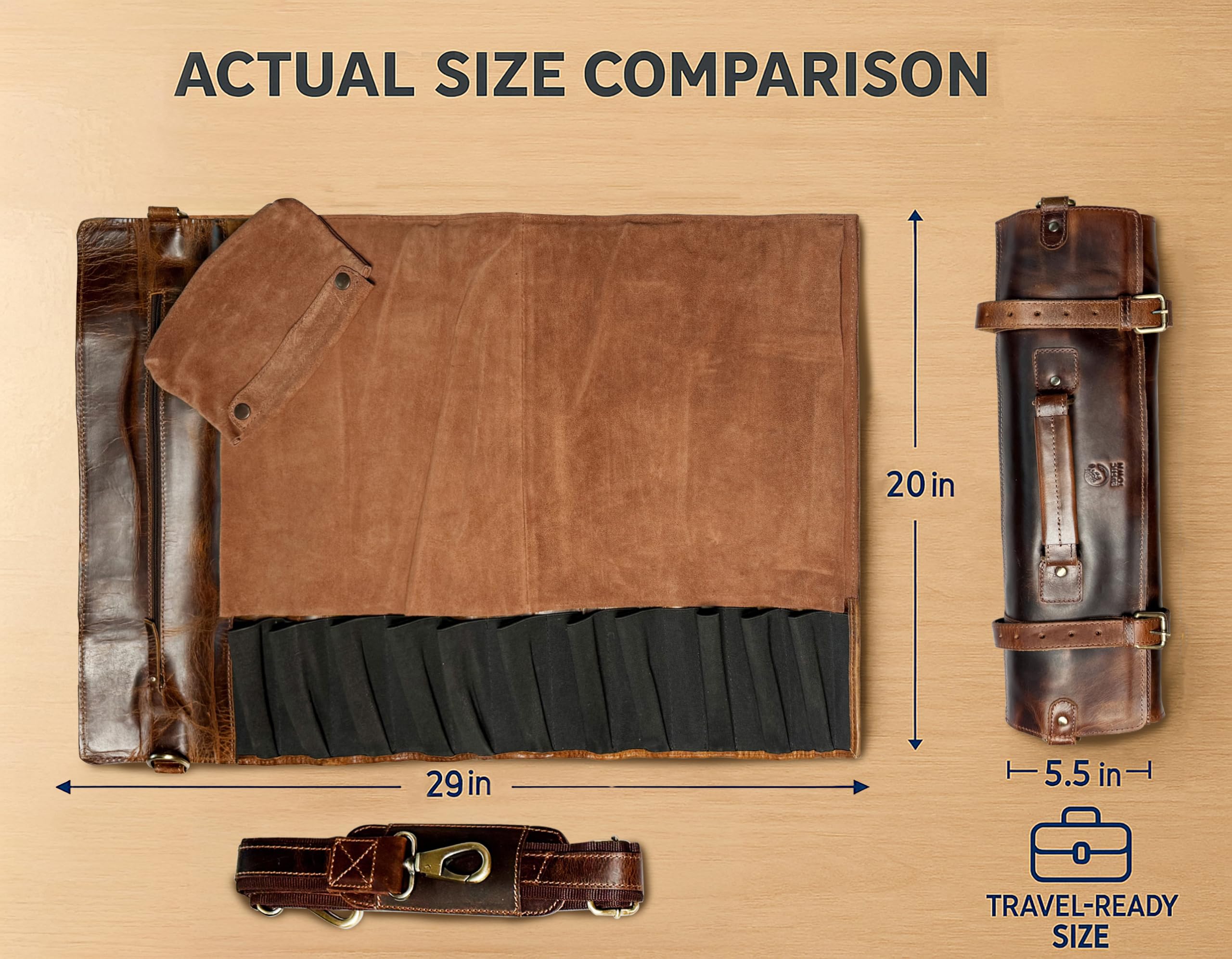 RUSTIC TOWN top-grain leather knife roll showing premium durability.