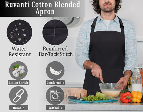 RUVANTI adjustable neck strap on apron provides customizable comfort during long shifts.