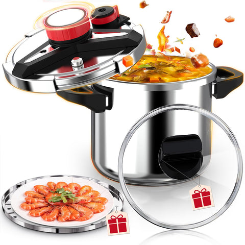 RVGMBO pressure cooker with one-hand locking knob for easy, safe lid operation.