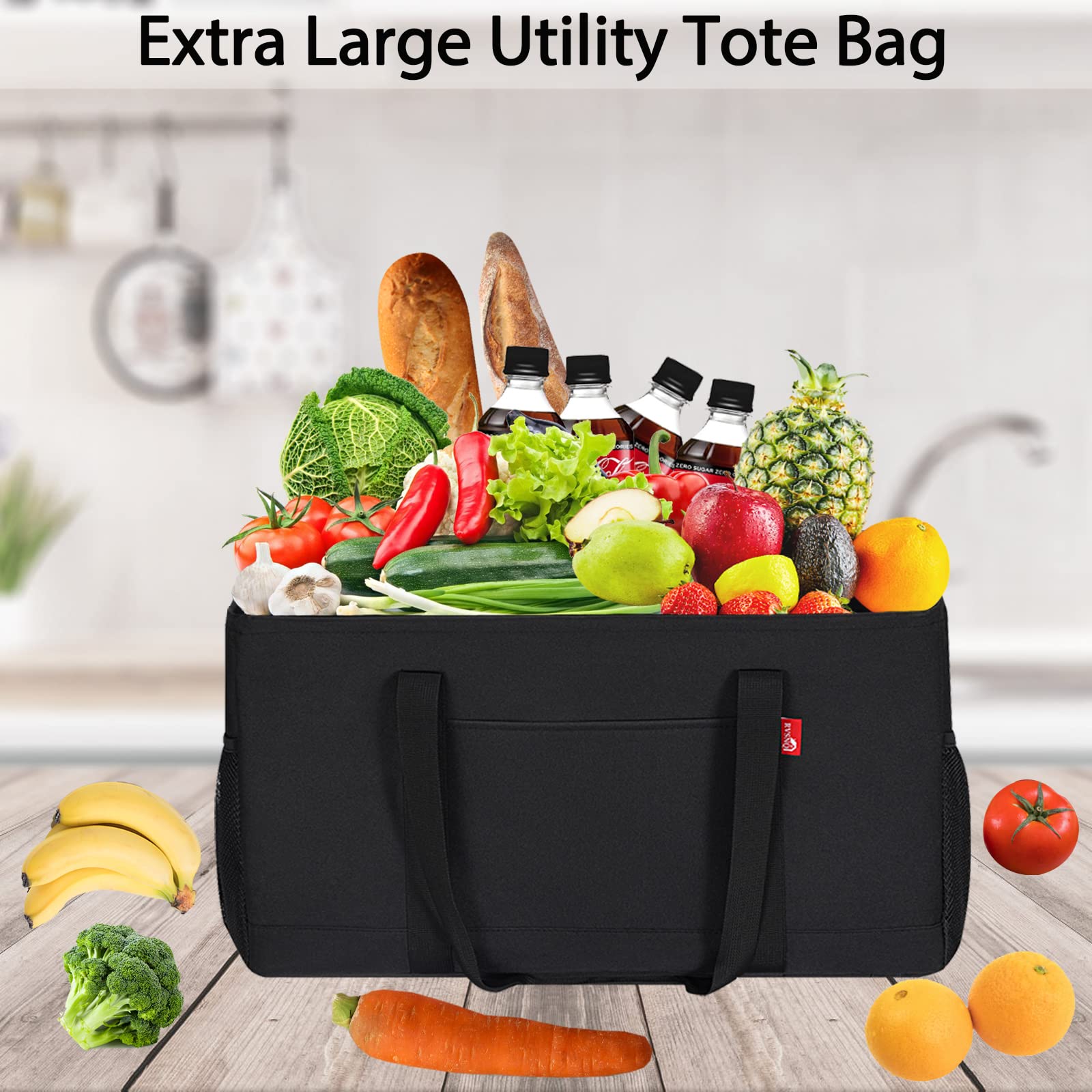 RVSNQ Tote with foldable bottom panel maintains shape during heavy item storage.