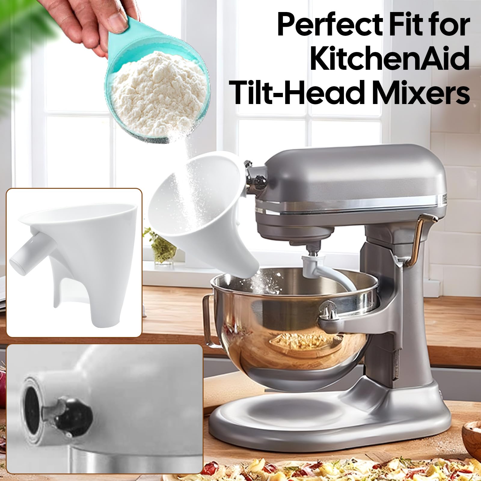 RWIXR Flour Funnel enables precise dry-ingredient pours into 4.5-5qt bowls.