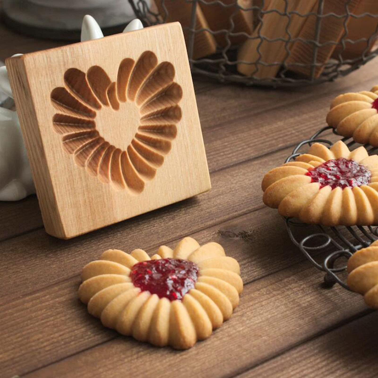 Ryetaga wooden cookie mold with outer-inner press for crisp embossing.
