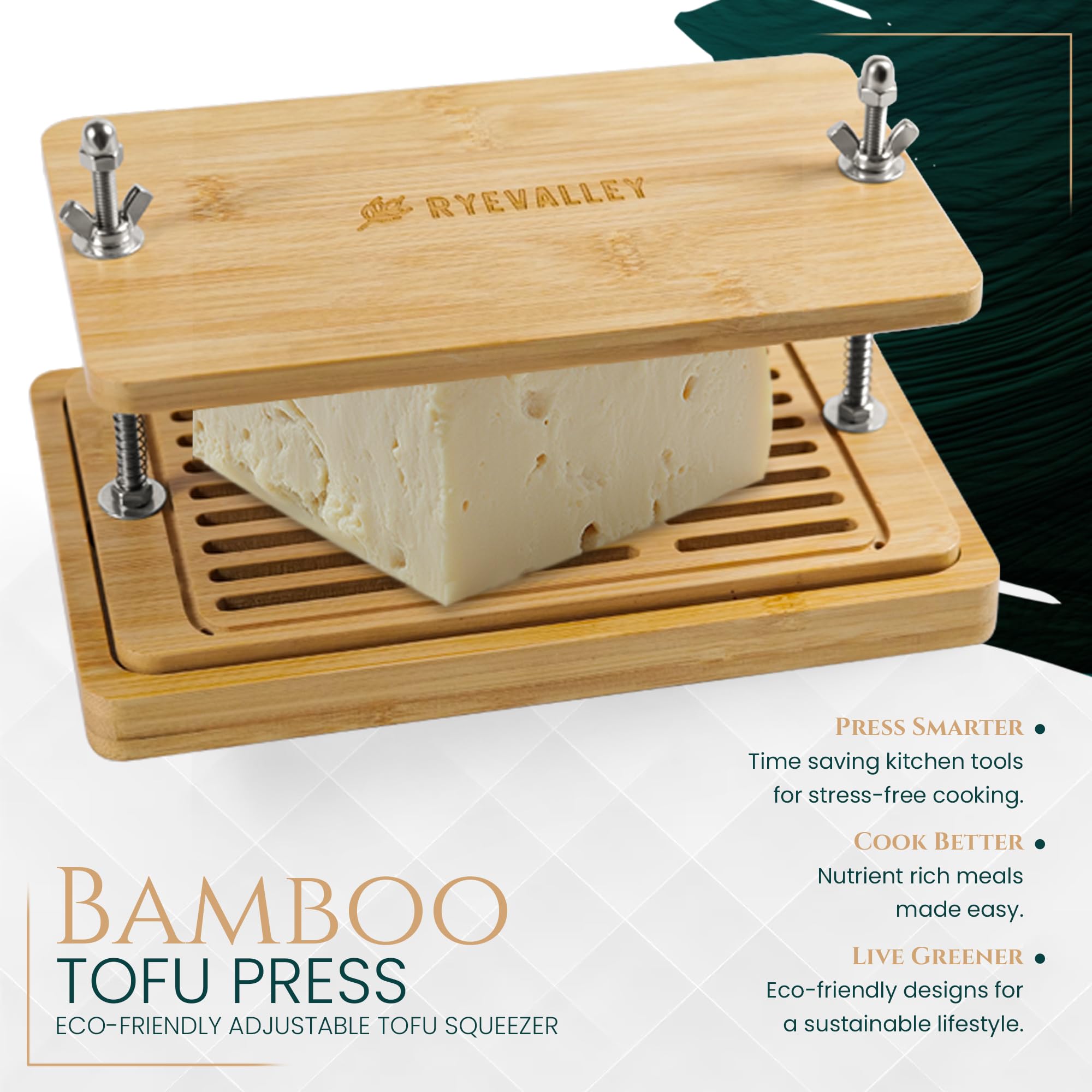 ryevalley bamboo tofu press top angle highlights compact footprint for quick prep