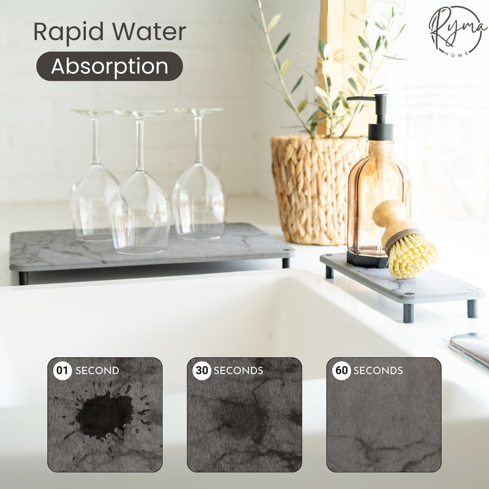 RYMA Home stone sink tray beside the sink keeps the area dry