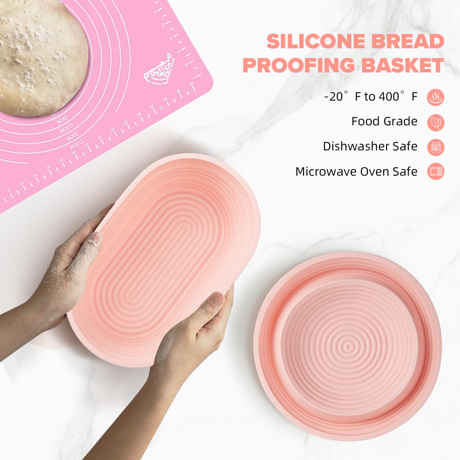 RYTOXILO silicone banneton baskets showing nonstick, easy-clean proofing surfaces.