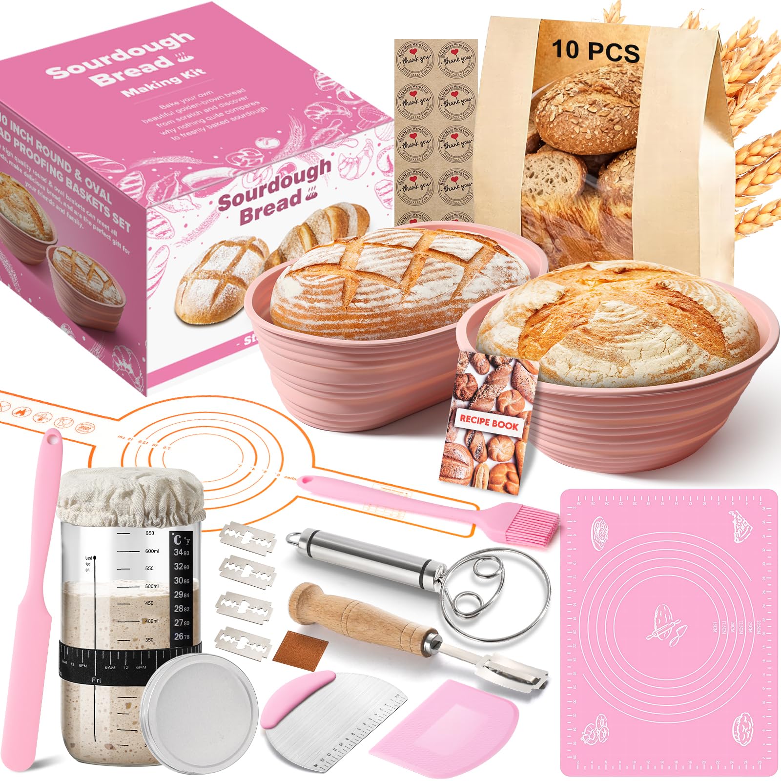 RYTOXILO sourdough starter kit contents laid out for quick setup and baking inspiration.