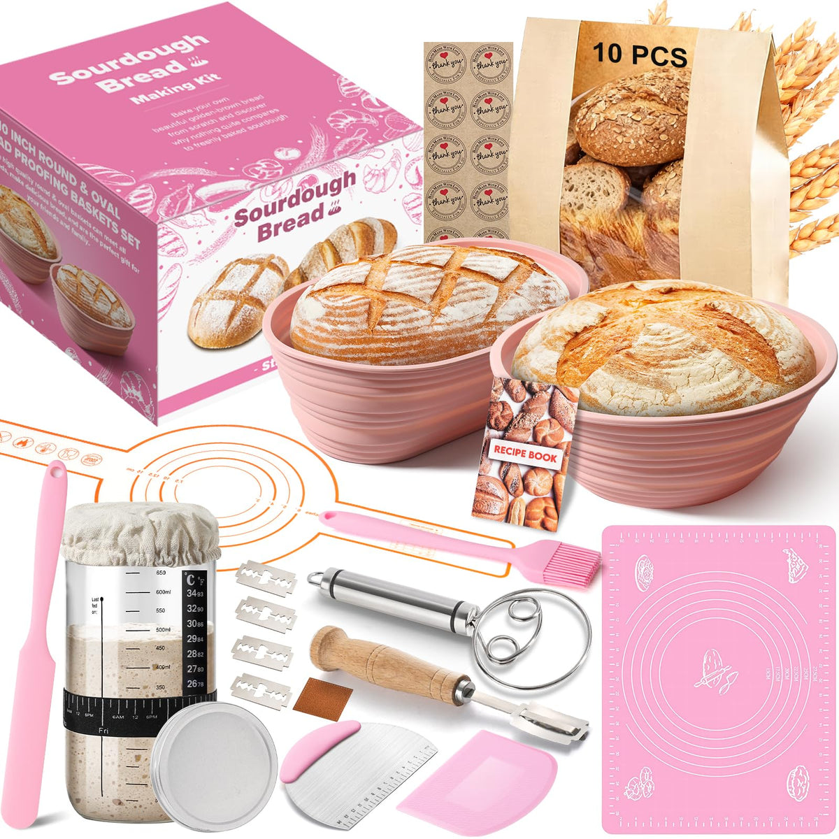 RYTOXILO sourdough starter kit contents laid out for quick setup and baking inspiration.
