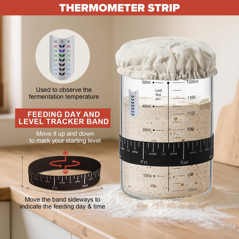 RYTOXILO temperature strip on jar helps monitor starter warmth for ideal activity.