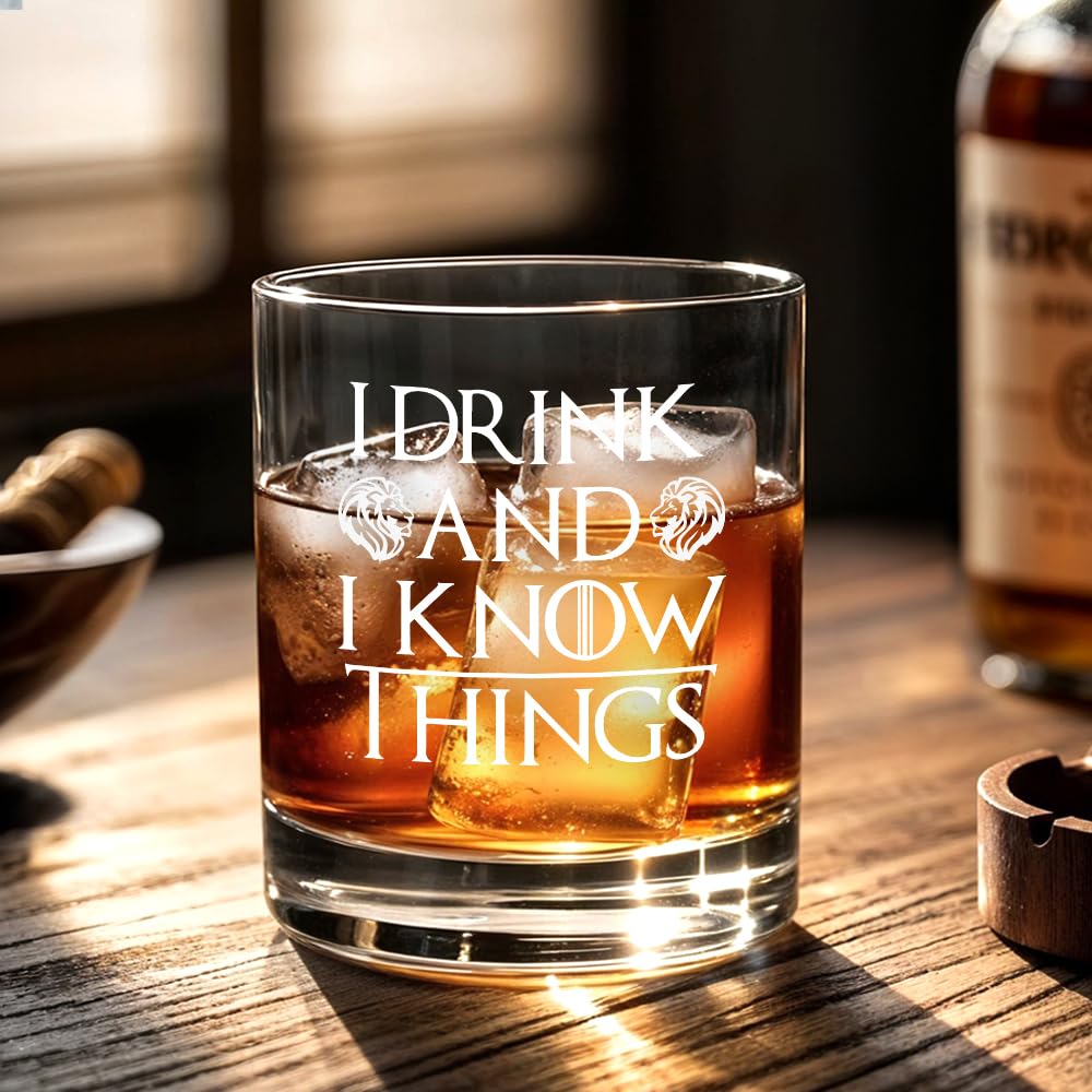 RZHV Drin And I Know Things whiskey glass demonstrates ideal use with ice cubes