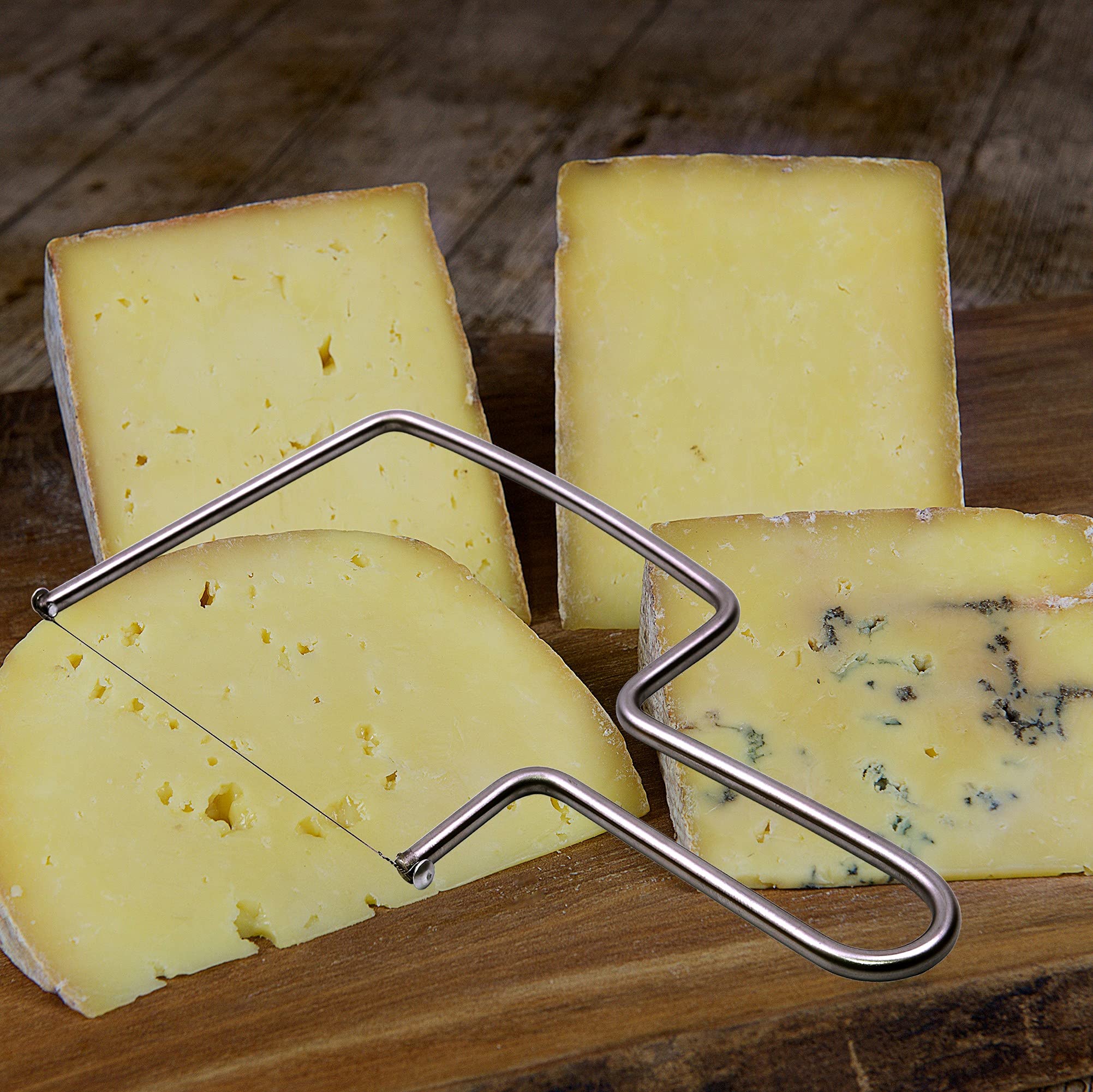 Close-up of S Aeon Design cheese slicer wire assembly for smooth cuts.
